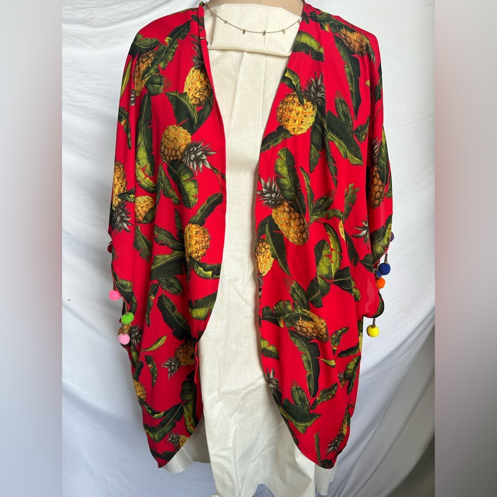 Red Pineapple Print Kimono Cover-Up Gianni Bini Cruisewear Vacation Swim Resort
